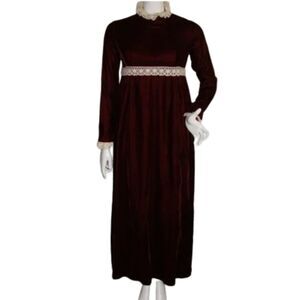 PRAIRIE Dress, 2/4, Dark Red Velvet, Maxi/Long, Crochet/Lace, Handmade Vintage